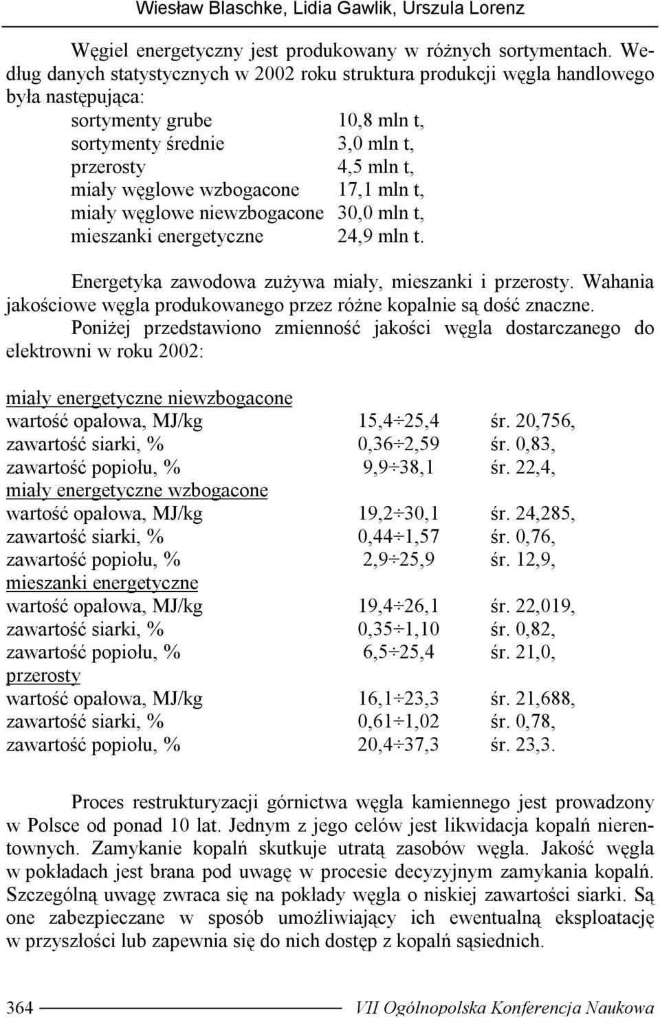 wzbogacone 17,1 mln t, miały węglowe niewzbogacone 30,0 mln t, mieszanki energetyczne 24,9 mln t. Energetyka zawodowa zużywa miały, mieszanki i przerosty.