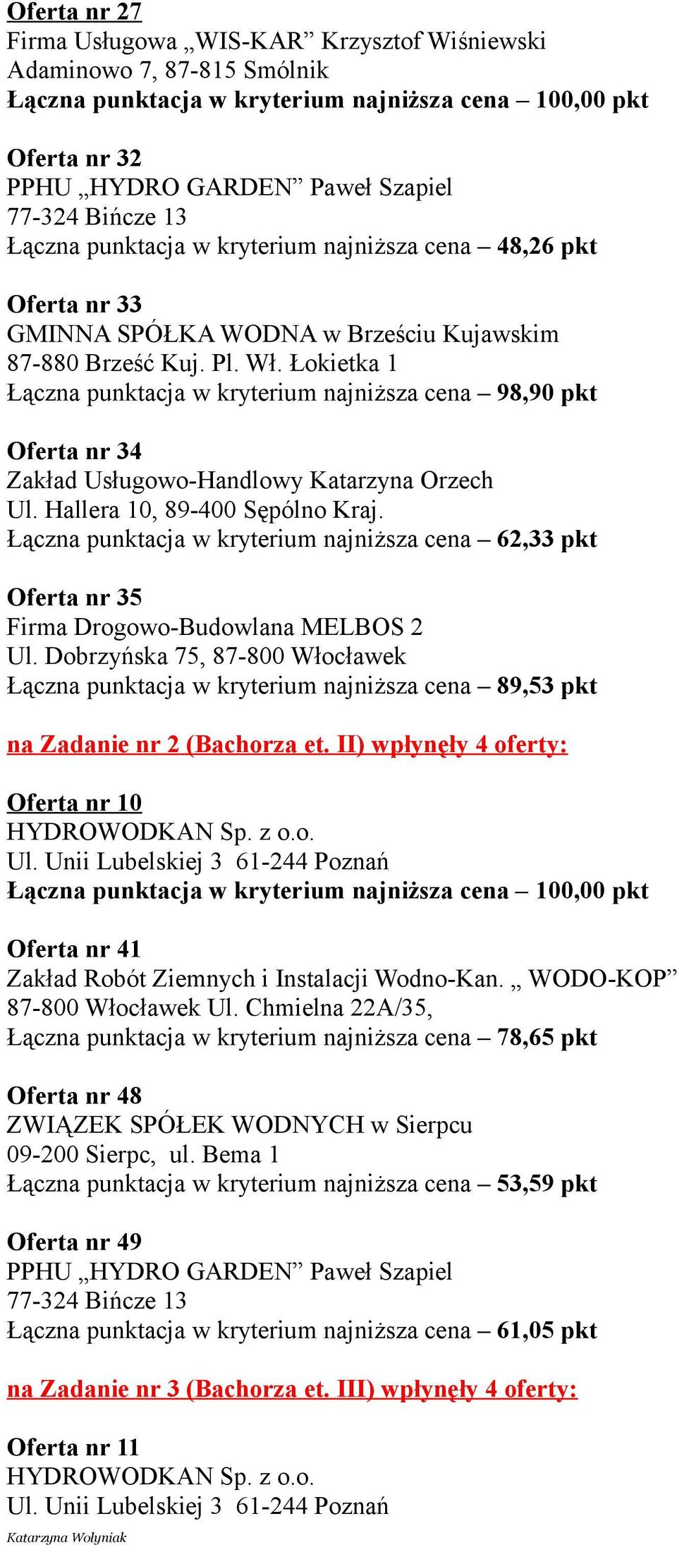 Łokietka 1 Łączna punktacja w kryterium najniższa cena 98,90 pkt Oferta nr 34 Łączna punktacja w kryterium najniższa cena 62,33 pkt Oferta nr 35 Firma Drogowo-Budowlana MELBOS 2 Ul.