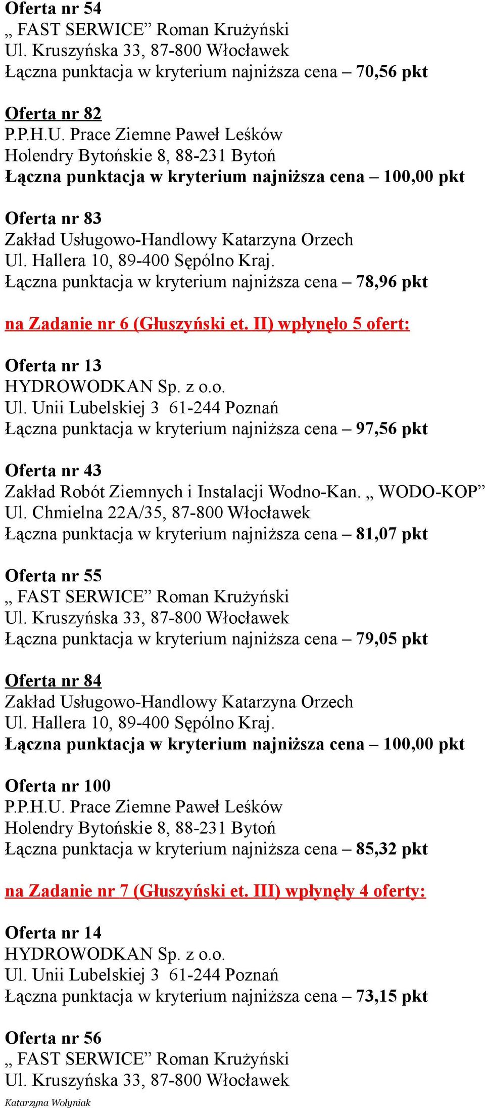 II) wpłynęło 5 ofert: Oferta nr 13 Łączna punktacja w kryterium najniższa cena 97,56 pkt Oferta nr 43 Zakład Robót Ziemnych i Instalacji Wodno-Kan. WODO-KOP Ul.