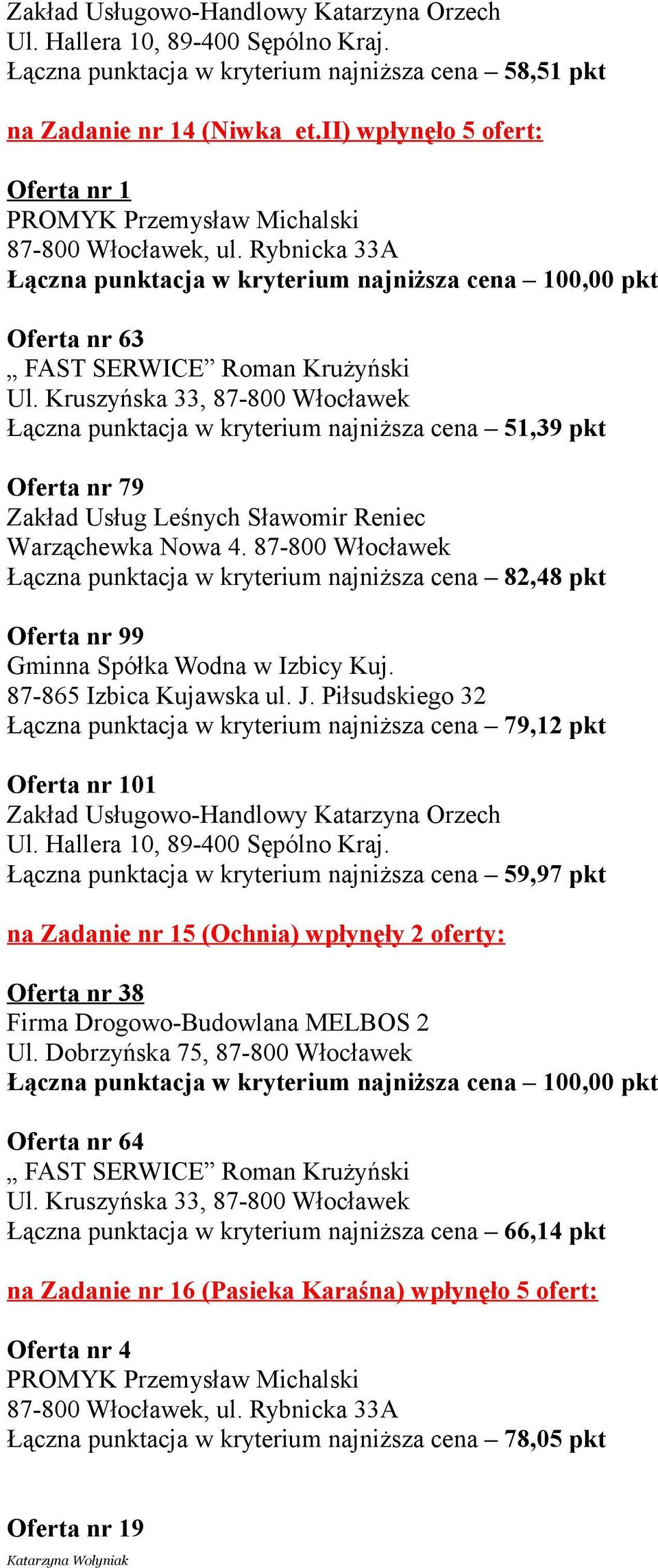 87-800 Włocławek Łączna punktacja w kryterium najniższa cena 82,48 pkt Oferta nr 99 Gminna Spółka Wodna w Izbicy Kuj. 87-865 Izbica Kujawska ul. J.