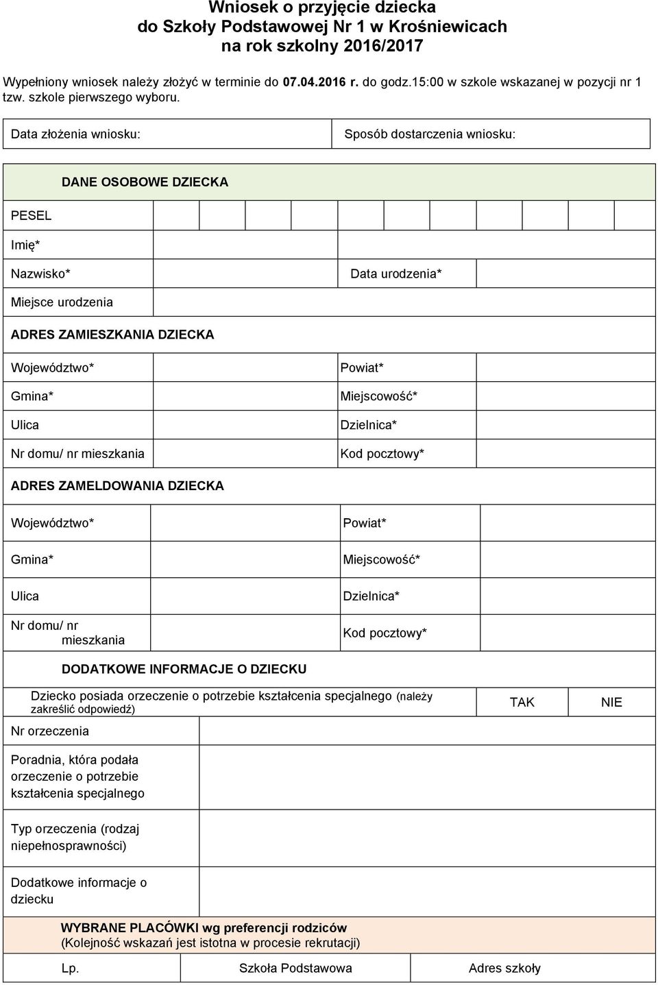 Data złożenia wniosku: Sposób dostarczenia wniosku: DANE OSOBOWE DZIECKA PESEL Imię* Nazwisko* Data urodzenia* Miejsce urodzenia ADRES ZAMIESZKANIA DZIECKA Nr domu/ nr mieszkania ADRES ZAMELDOWANIA