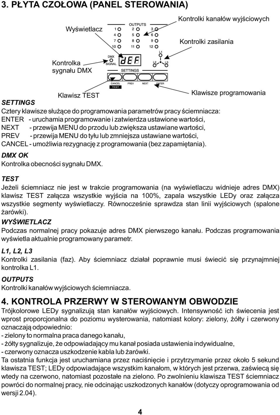 zmniejsza ustawiane wartości, CANCEL - umożliwia rezygnację z programowania (bez zapamiętania). DMX OK Kontrolka obecności sygnału DMX.