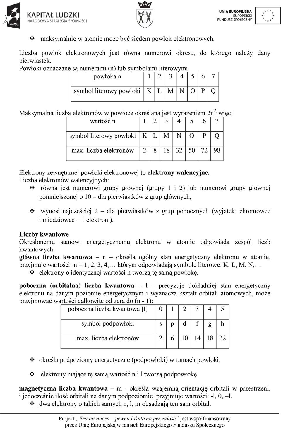 wartość n 1 2 3 4 5 6 7 symbol literowy powłoki K L M N O P Q max. liczba elektronów 2 8 18 32 50 72 98 Elektrony zewnętrznej powłoki elektronowej to elektrony walencyjne.