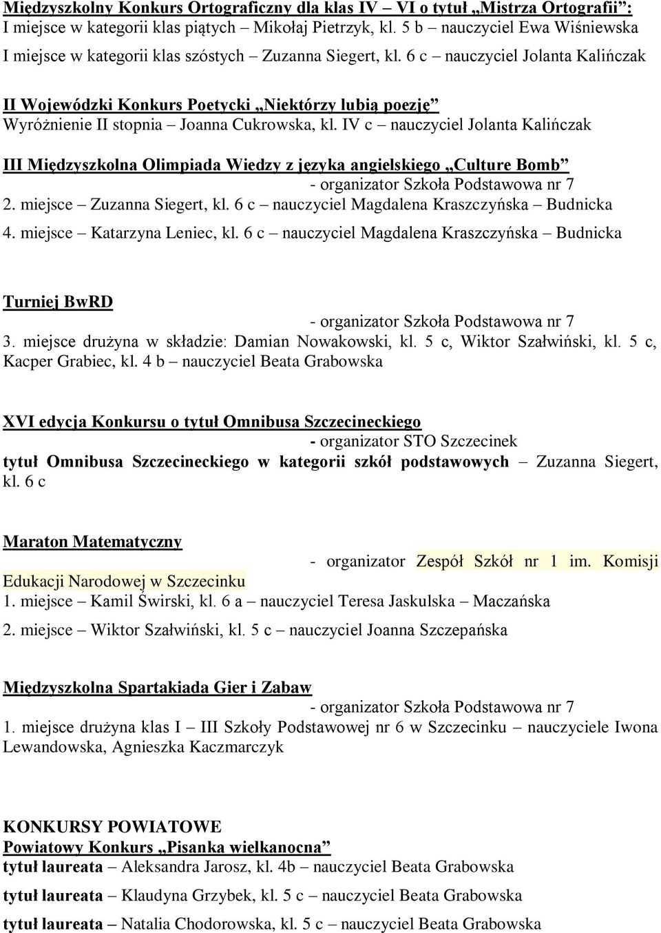 6 c nauczyciel Jolanta Kalińczak II Wojewódzki Konkurs Poetycki Niektórzy lubią poezję Wyróżnienie II stopnia Joanna Cukrowska, kl.