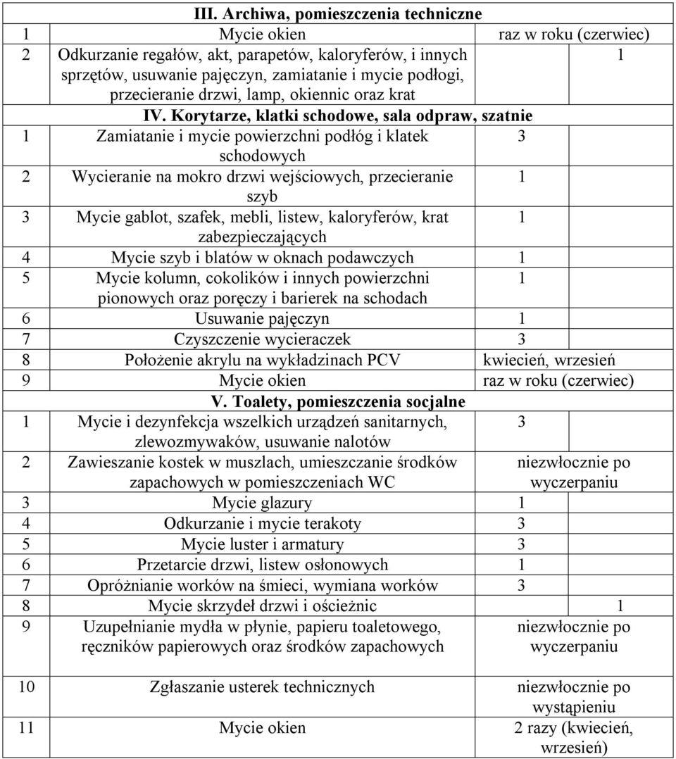 Korytarze, klatki schodowe, sala odpraw, szatnie 1 Zamiatanie i mycie podłóg i klatek 3 schodowych 2 Wycieranie na mokro wejściowych, przecieranie 1 szyb 3 Mycie gablot, szafek, mebli, listew,