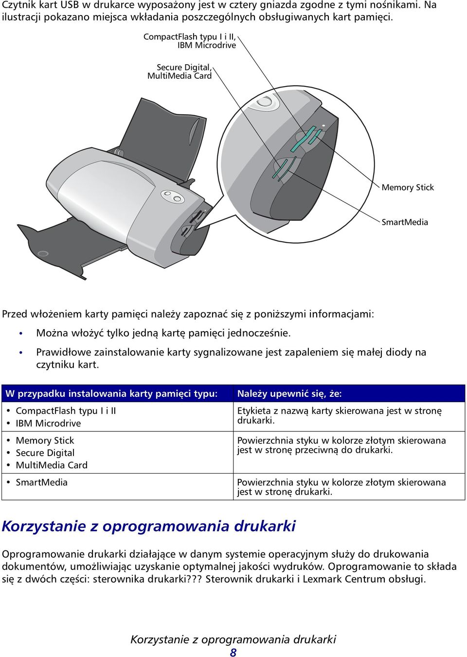 kartę pamięci jednocześnie. Prawidłowe zainstalowanie karty sygnalizowane jest zapaleniem się małej diody na czytniku kart.