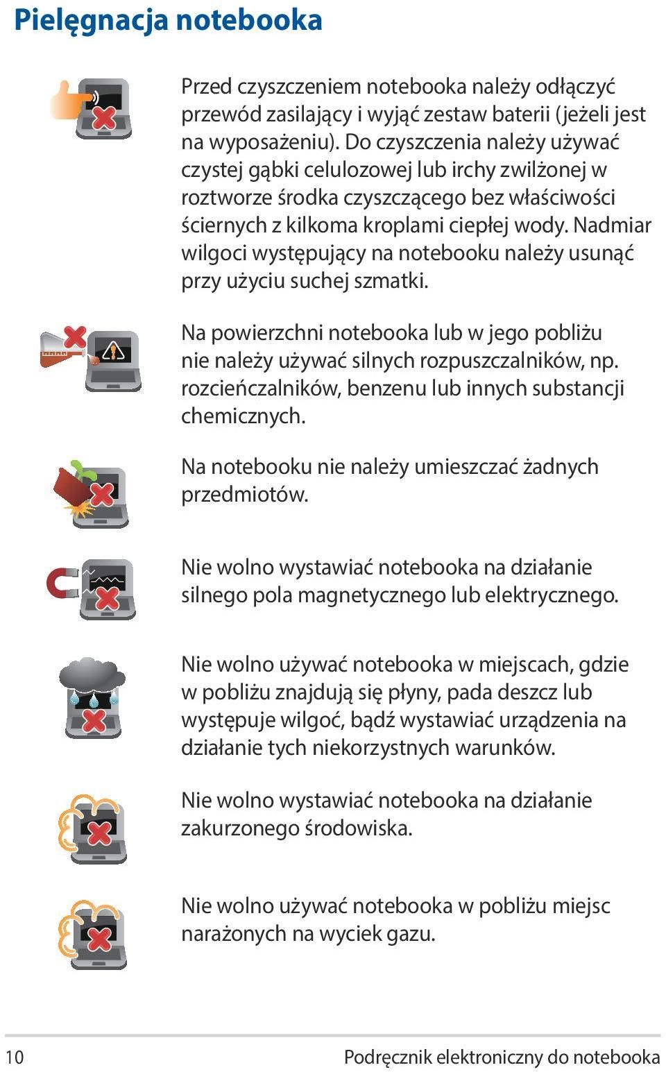 Nadmiar wilgoci występujący na notebooku należy usunąć przy użyciu suchej szmatki. Na powierzchni notebooka lub w jego pobliżu nie należy używać silnych rozpuszczalników, np.