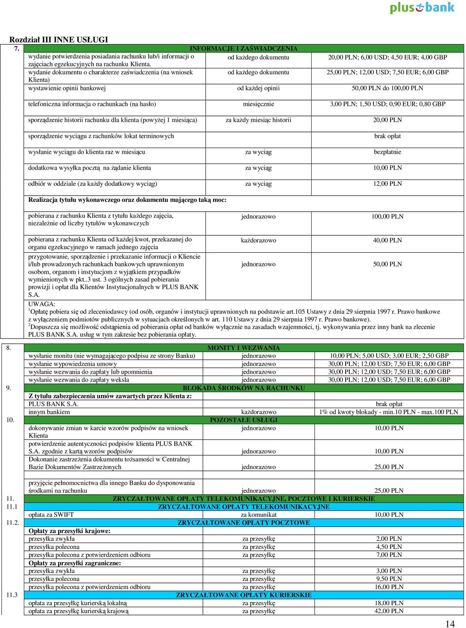 wydanie dokumentu o charakterze zaświadczenia (na wniosek od każdego dokumentu 25,00 PLN; 12,00 USD; 7,50 EUR; 6,00 GBP Klienta) wystawienie opinii bankowej od każdej opinii 50,00 PLN do 100,00 PLN