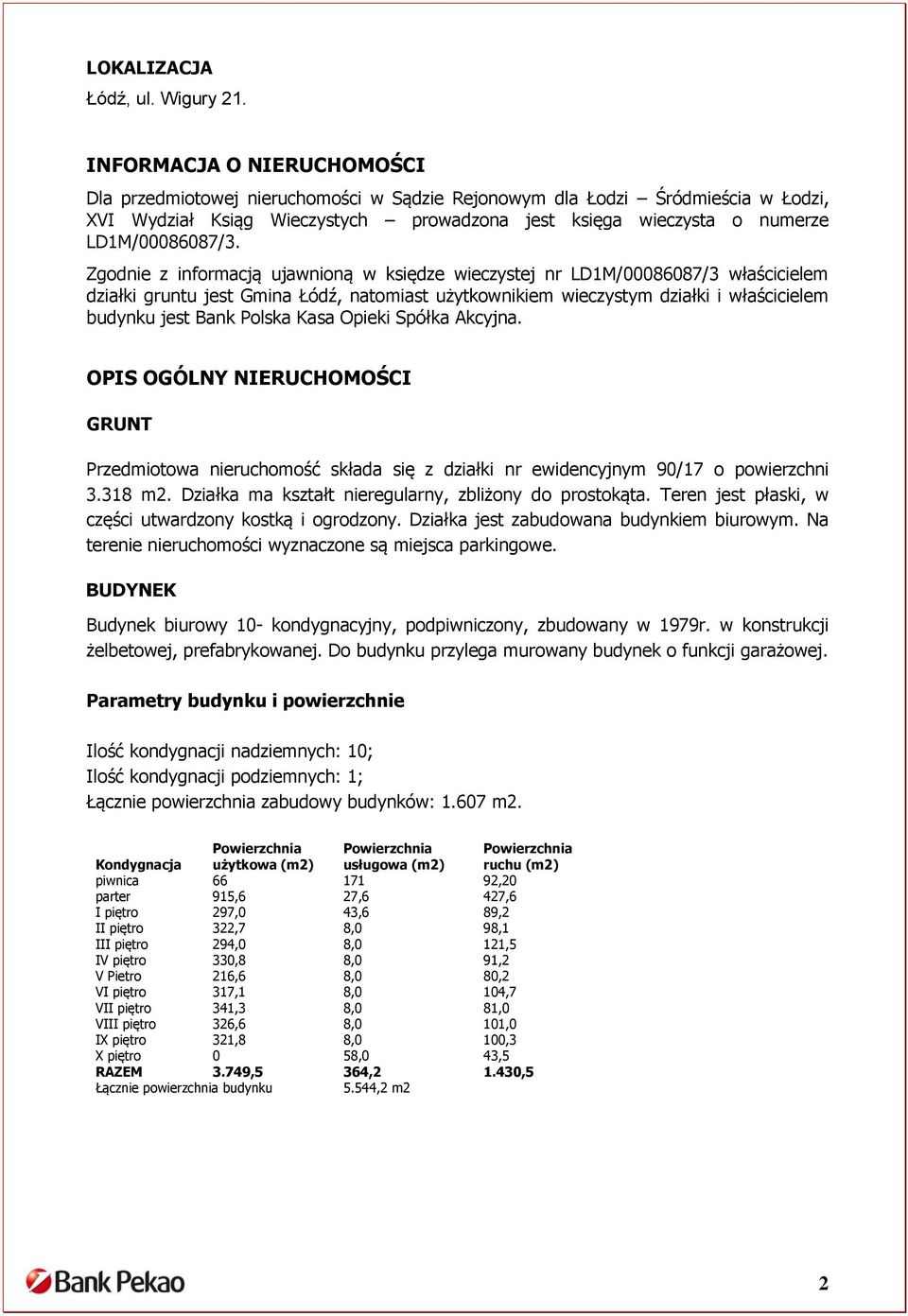 Zgodnie z informacją ujawnioną w księdze wieczystej nr LD1M/00086087/3 właścicielem działki gruntu jest Gmina Łódź, natomiast użytkownikiem wieczystym działki i właścicielem budynku jest Bank Polska