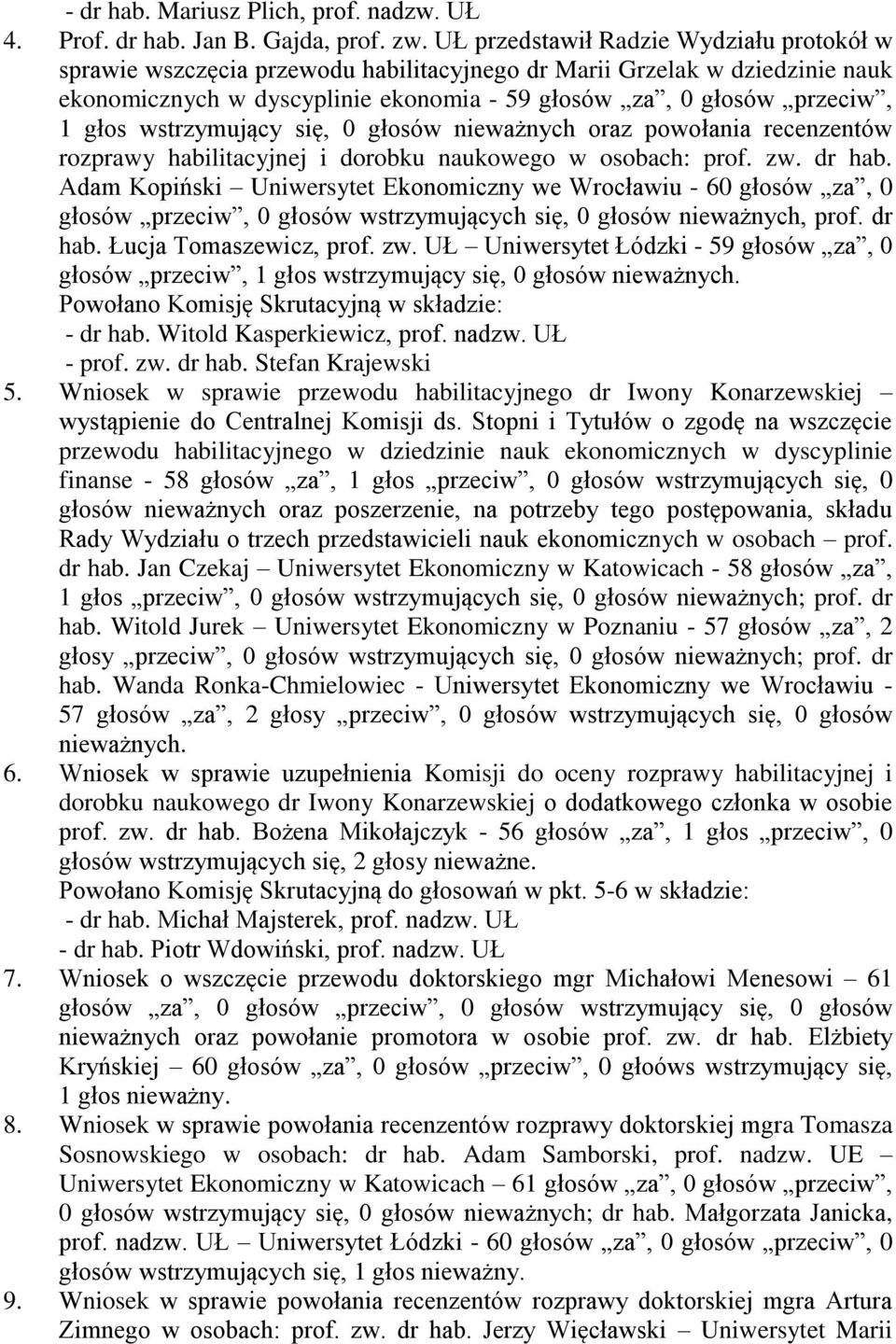 wstrzymujący się, 0 głosów nieważnych oraz powołania recenzentów rozprawy habilitacyjnej i dorobku naukowego w osobach: prof. zw. dr hab.