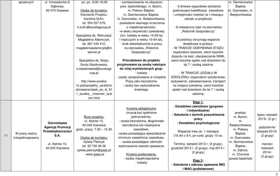 pl Specjalista ds. StaŜy: Sonia Stasikowska, s.stasikowska@eurekagr oup.pl http://www.eurekahr.pl/pl/projekty_ue/efs/re alizowane/slask_po_kl_61 1_eureka inwemer_syst em.html ul.