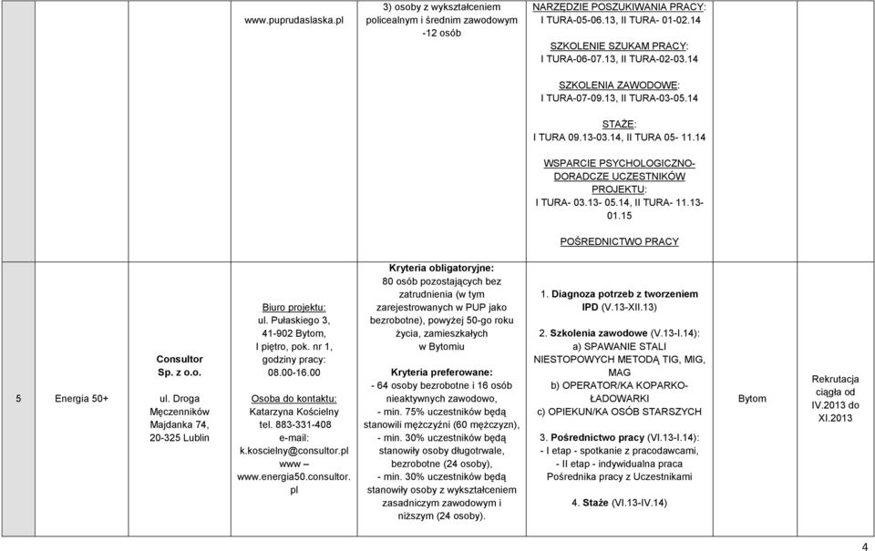 14, II TURA- 11.13-01.15 POŚREDNICTWO PRACY 5 Energia 50+ Consultor Sp. z o.o. ul. Droga Męczenników Majdanka 74, 20-325 Lublin ul. Pułaskiego 3, 41-902 Bytom, I piętro, pok. nr 1, godziny pracy: 08.