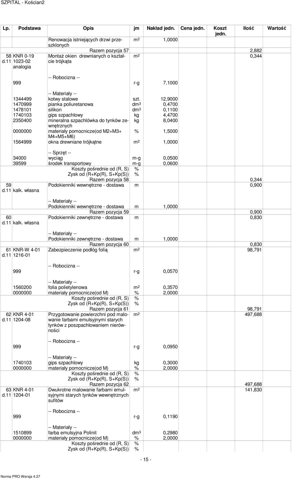 12,9 147999 pianka poliuretanowa dm 3,47 147811 silikon dm 3,11 17413 gips szpachlowy kg 4,47 2354 mineralna szpachlówka do tynków zewnętrznych kg 8,4 materiały pomocnicze(od M2+M3+ % 1,5 M4+M5+M6)