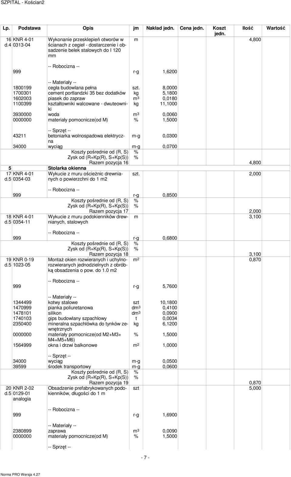 8, 1731 cement portlandzki 35 bez dodatków kg 5,18 1623 piasek do zapraw m 3,18 11399 kształtowniki walcowane - dwuteowniki kg 11,1 393 woda m 3,6 43211 betoniarka wolnospadowa elektryczna m-g,3 34