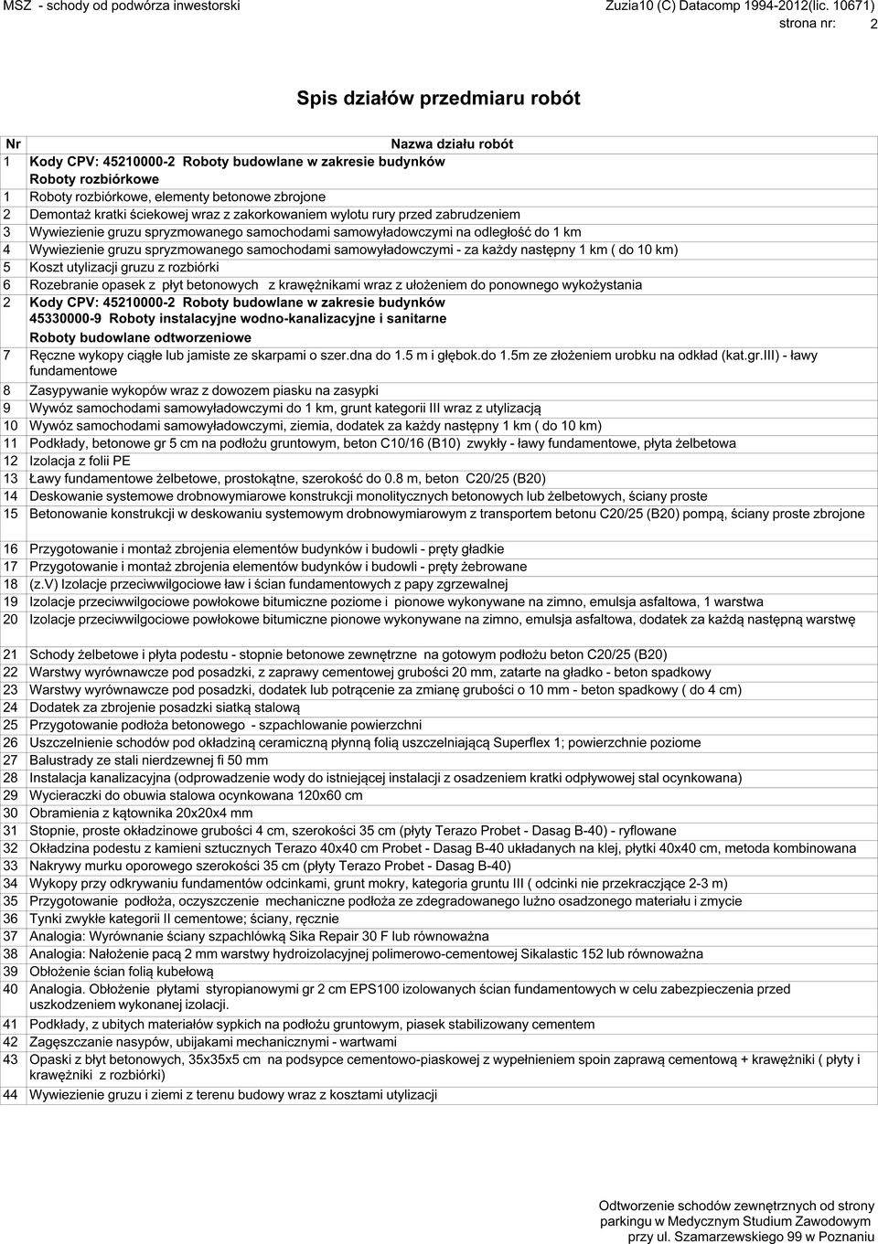 samowyładowczymi - za każdy następny 1 km ( do 10 km) 5 Koszt utylizacji gruzu z rozbiórki 6 Rozebranie opasek z płyt betonowych z krawężnikami wraz z ułożeniem do ponownego wykożystania 2 y CPV: