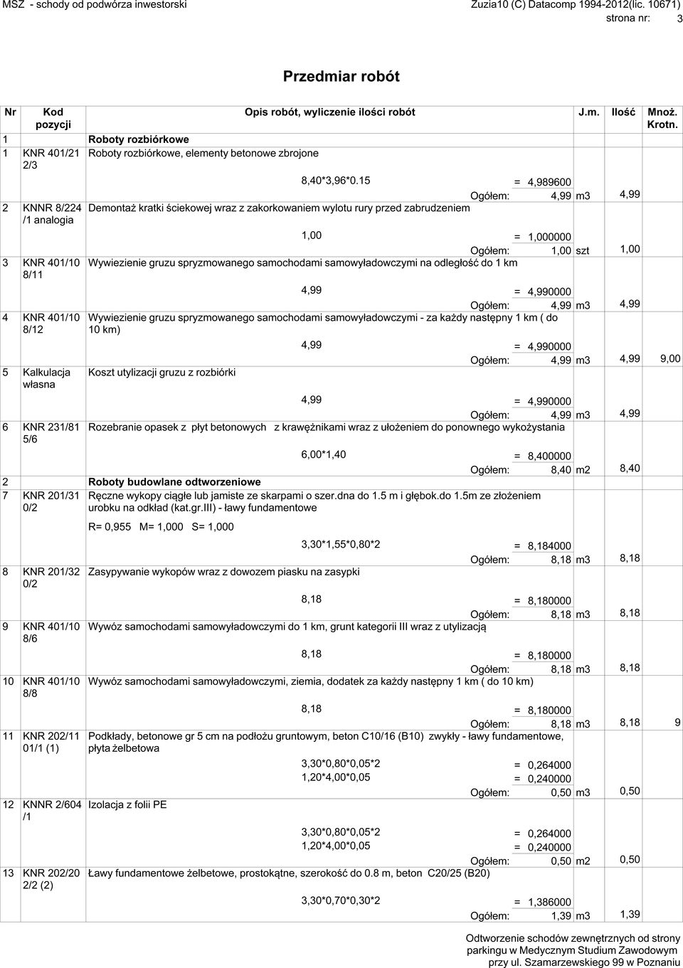 samochodami samowyładowczymi na odległość do 1 km 8/11 Ogółem: 1,00 szt 1,00 4,99 = 4,990000 Ogółem: 4,99 m3 4,99 4 KNR 401/10 Wywiezienie gruzu spryzmowanego samochodami samowyładowczymi - za każdy