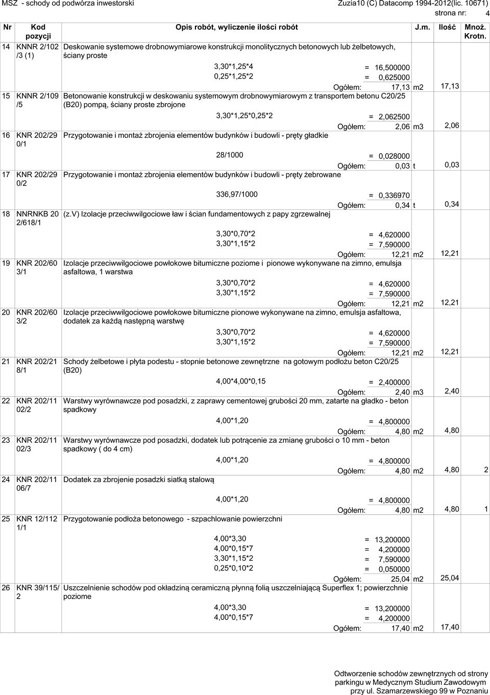 202/29 Przygotowanie i montaż zbrojenia elementów budynków i budowli - pręty gładkie 0/1 Ogółem: 2,06 m3 2,06 28/1000 = 0,028000 17 KNR 202/29 Przygotowanie i montaż zbrojenia elementów budynków i