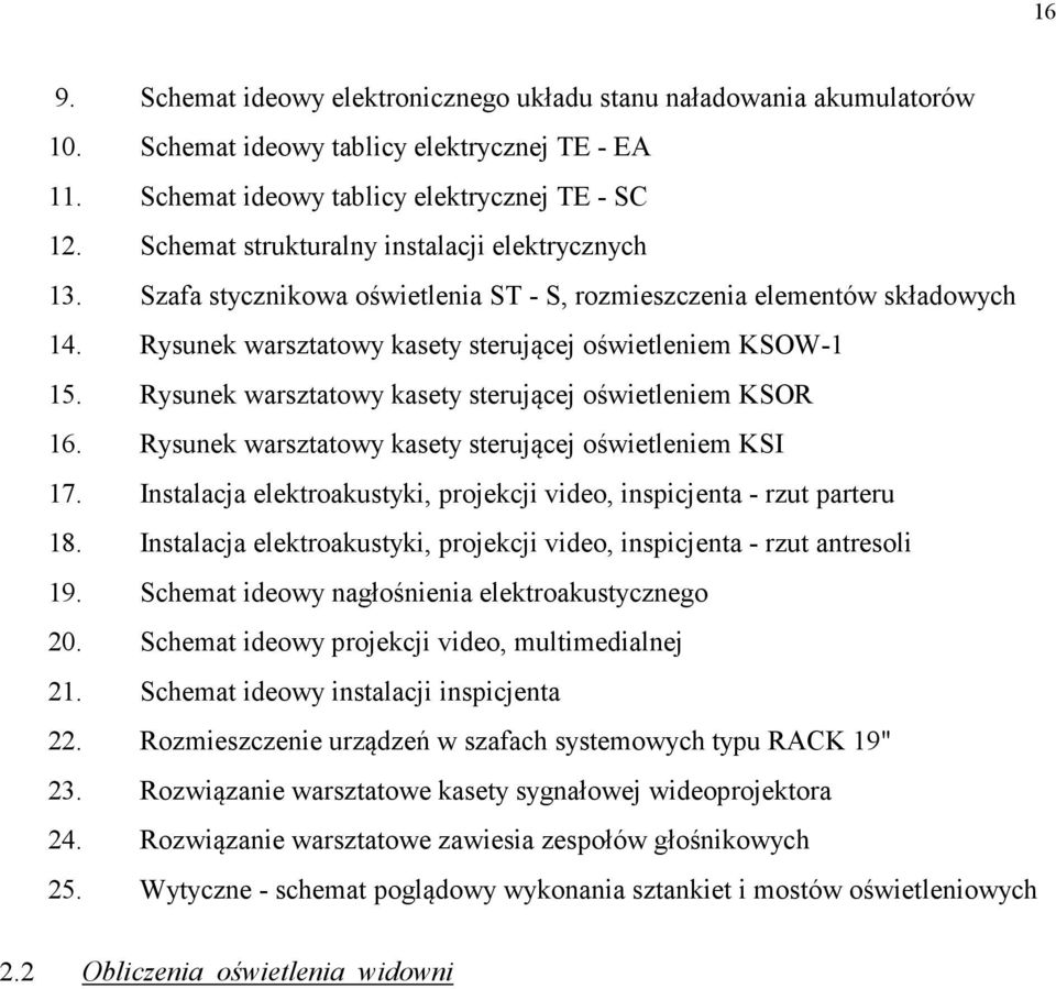 Rysunek warsztatowy kasety sterującej oświetleniem KSOR 16. Rysunek warsztatowy kasety sterującej oświetleniem KSI 17. Instalacja elektroakustyki, projekcji video, inspicjenta - rzut parteru 18.