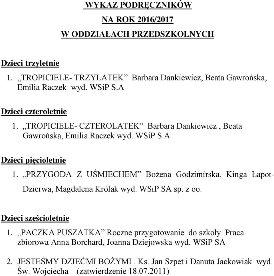 PRZYGODA Z UŚMIECHEM Bożena Godzimirska, Kinga Łapot- Dzierwa, Magdalena Królak wyd. WSiP SA sp. z oo. Dzieci sześcioletnie 1.