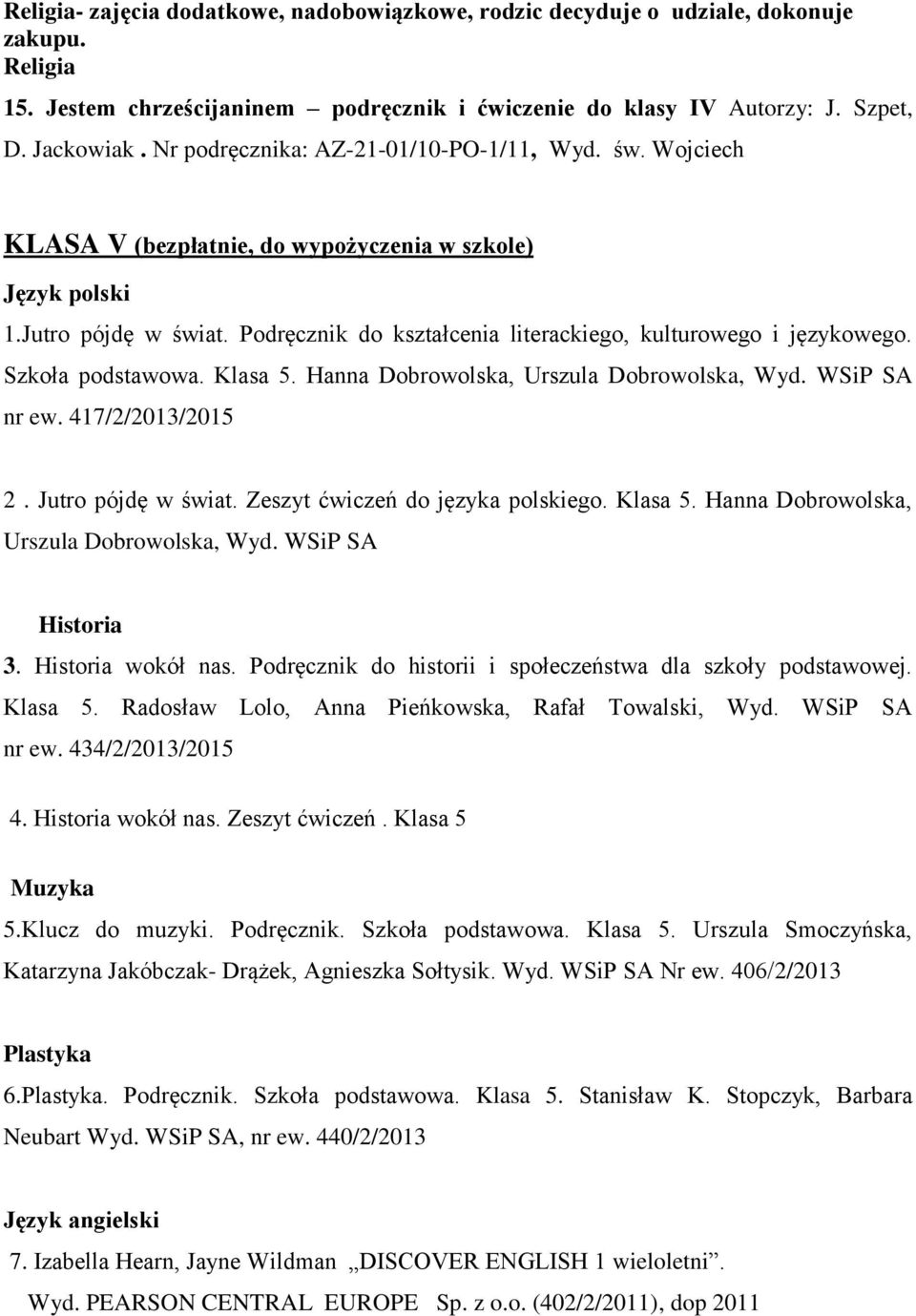 Podręcznik do kształcenia literackiego, kulturowego i językowego. Szkoła podstawowa. Klasa 5. Hanna Dobrowolska, Urszula Dobrowolska, Wyd. WSiP SA nr ew. 417/2/2013/2015 2. Jutro pójdę w świat.