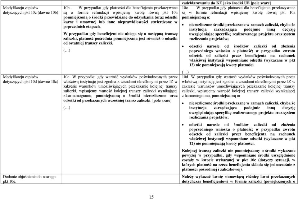 W przypadku gdy płatności dla beneficjenta przekazywane są w formie refundacji wpisujemy kwotę równą pkt 10a pomniejszoną o środki przewidziane do odzyskania (oraz odsetki karne i umowne) lub inne