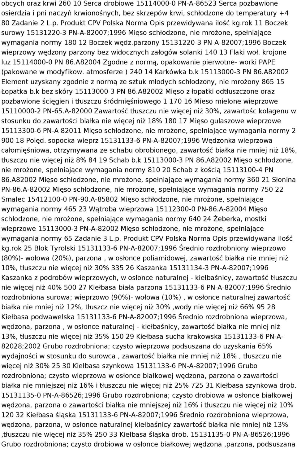 parzony 15131220-3 PN-A-82007;1996 Boczek wieprzowy wędzony parzony bez widocznych załogów solanki 140 13 Flaki woł. krojone luz 15114000-0 PN 86.