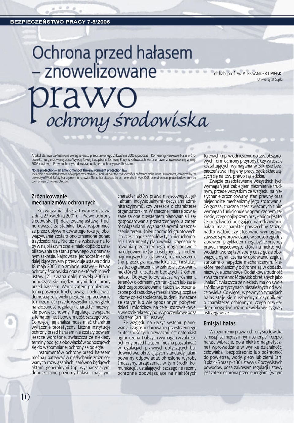 ustawê Prawo ochrony środowiska pod k¹tem ochrony przed ha³asem.