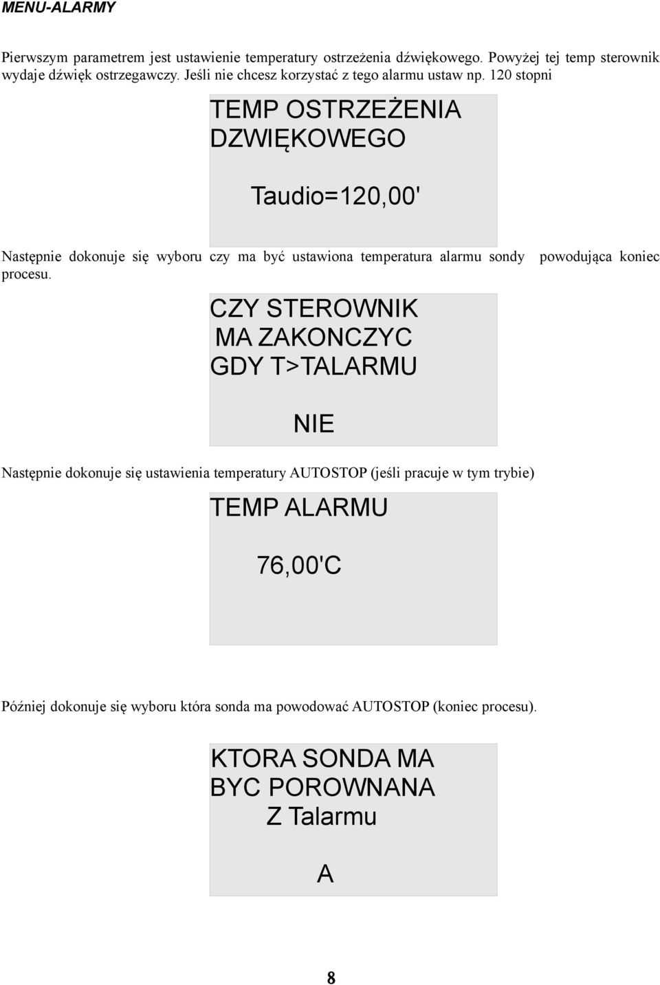 120 stopni TEMP OSTRZEŻENIA DZWIĘKOWEGO Taudio=120,00' Następnie dokonuje się wyboru czy ma być ustawiona temperatura alarmu sondy powodująca koniec