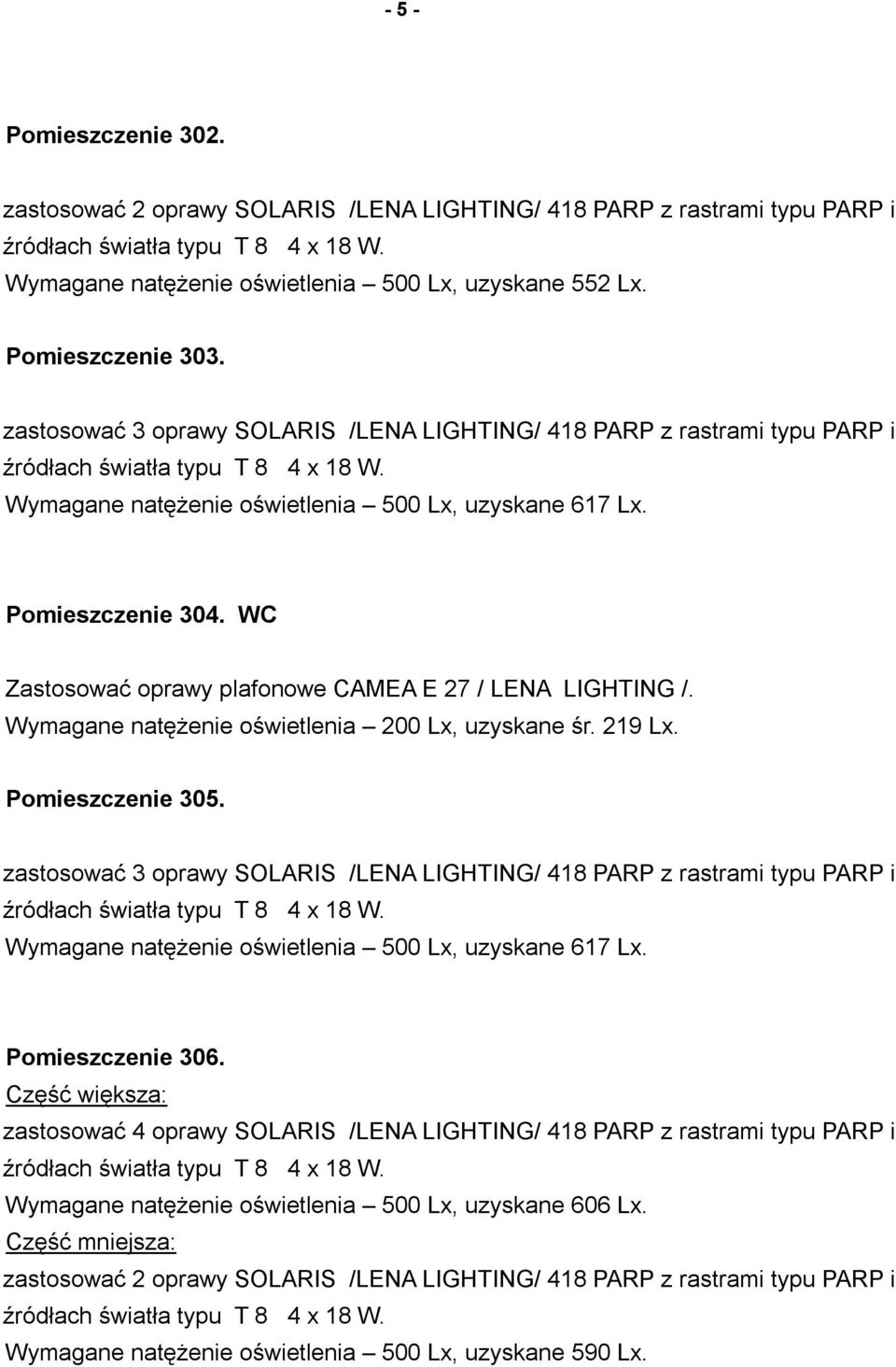 WC Zastosować oprawy plafonowe CAMEA E 27 / LENA LIGHTING /. Wymagane natężenie oświetlenia 200 Lx, uzyskane śr. 219 Lx. Pomieszczenie 305.