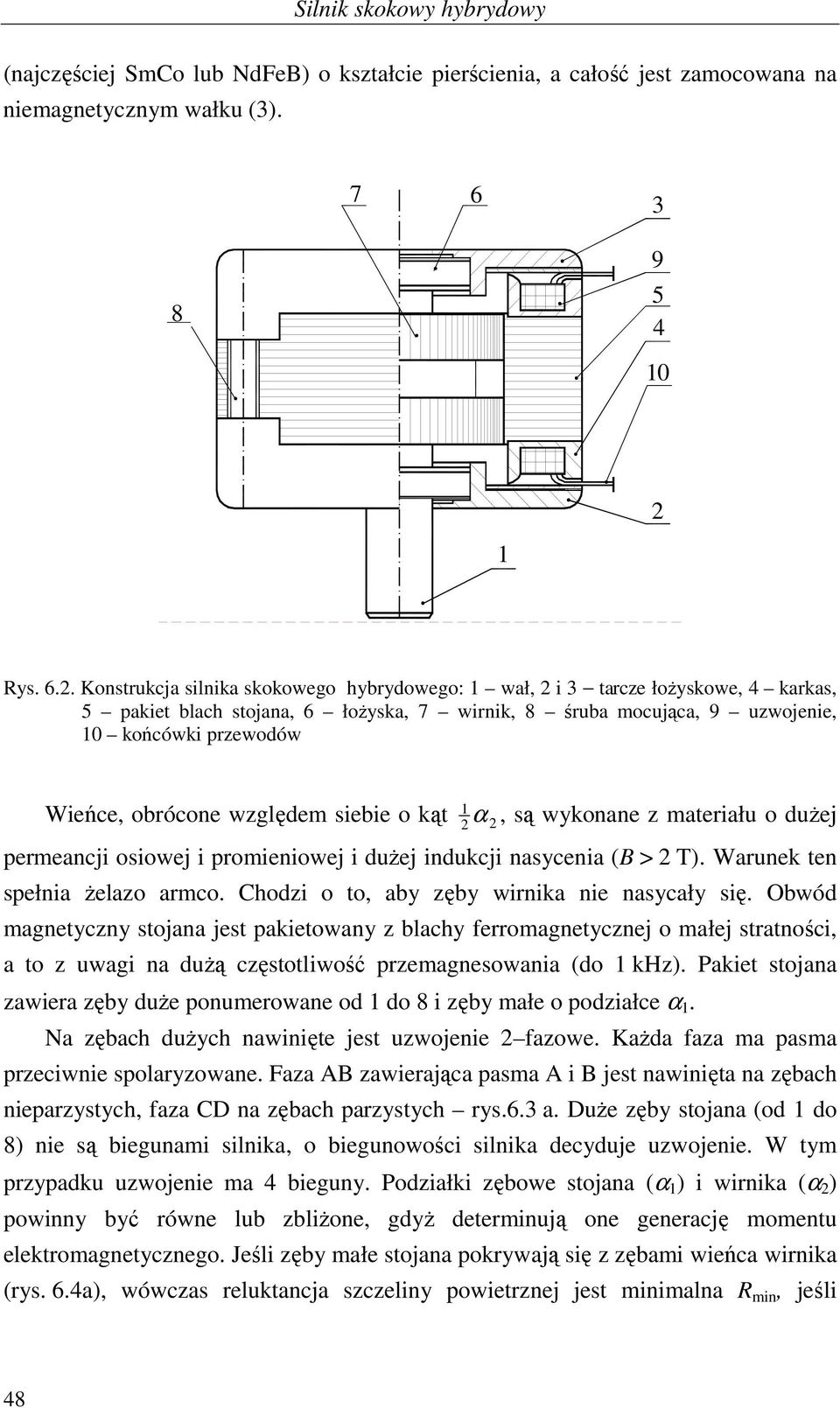 . Konsrukcja silnika skokowego hybrydowego: wał, i 3 arcze łożyskowe, 4 karkas, 5 pakie blach sojana, 6 łożyska, 7 wirnik, 8 śruba mocująca, 9 uzwojenie, końcówki przewodów Wieńce, obrócone względem