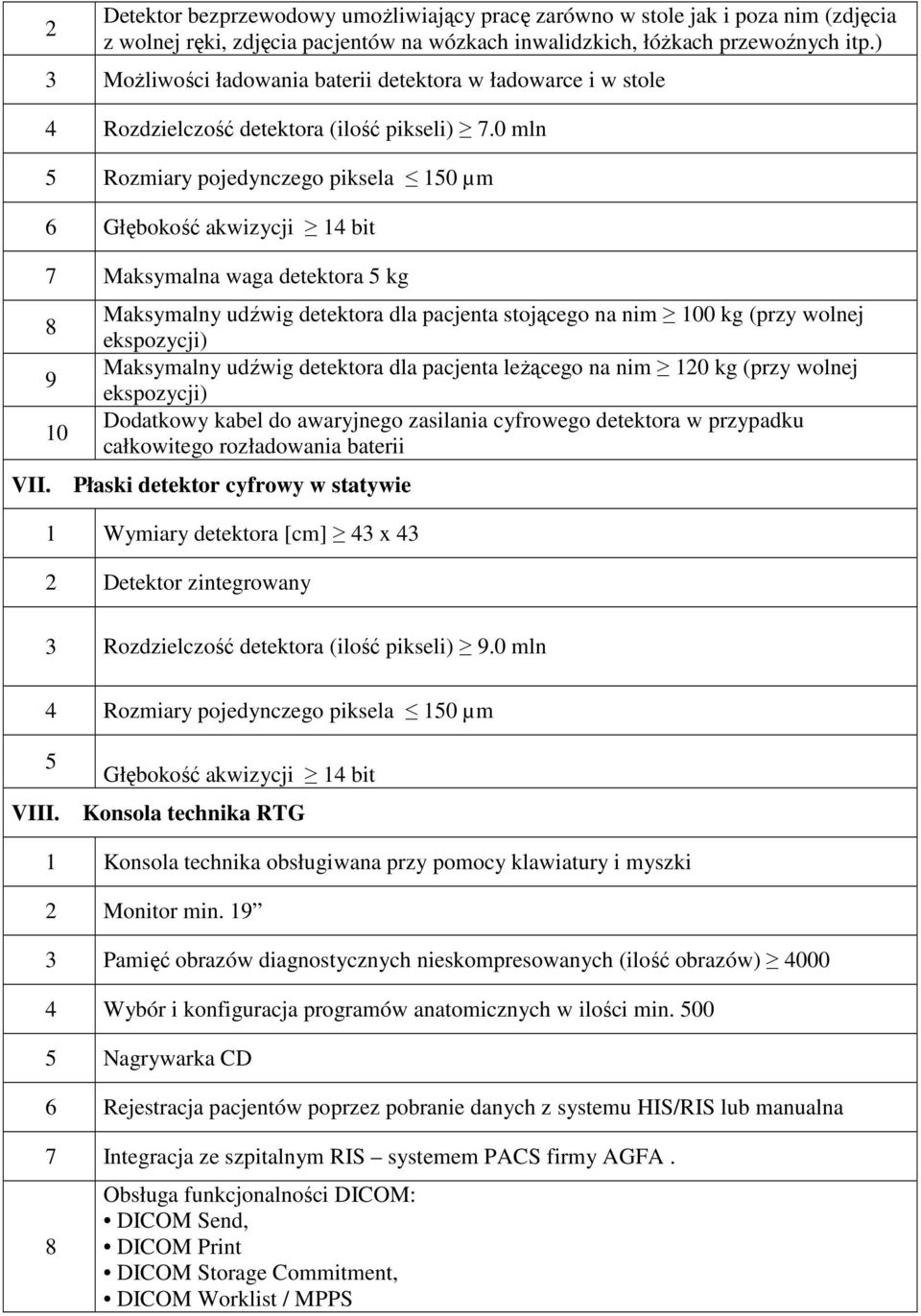 0 mln 5 Rozmiary pojedynczego piksela 150 µm 6 Głębokość akwizycji 14 bit 7 Maksymalna waga detektora 5 kg 8 9 10 Maksymalny udźwig detektora dla pacjenta stojącego na nim 100 kg (przy wolnej