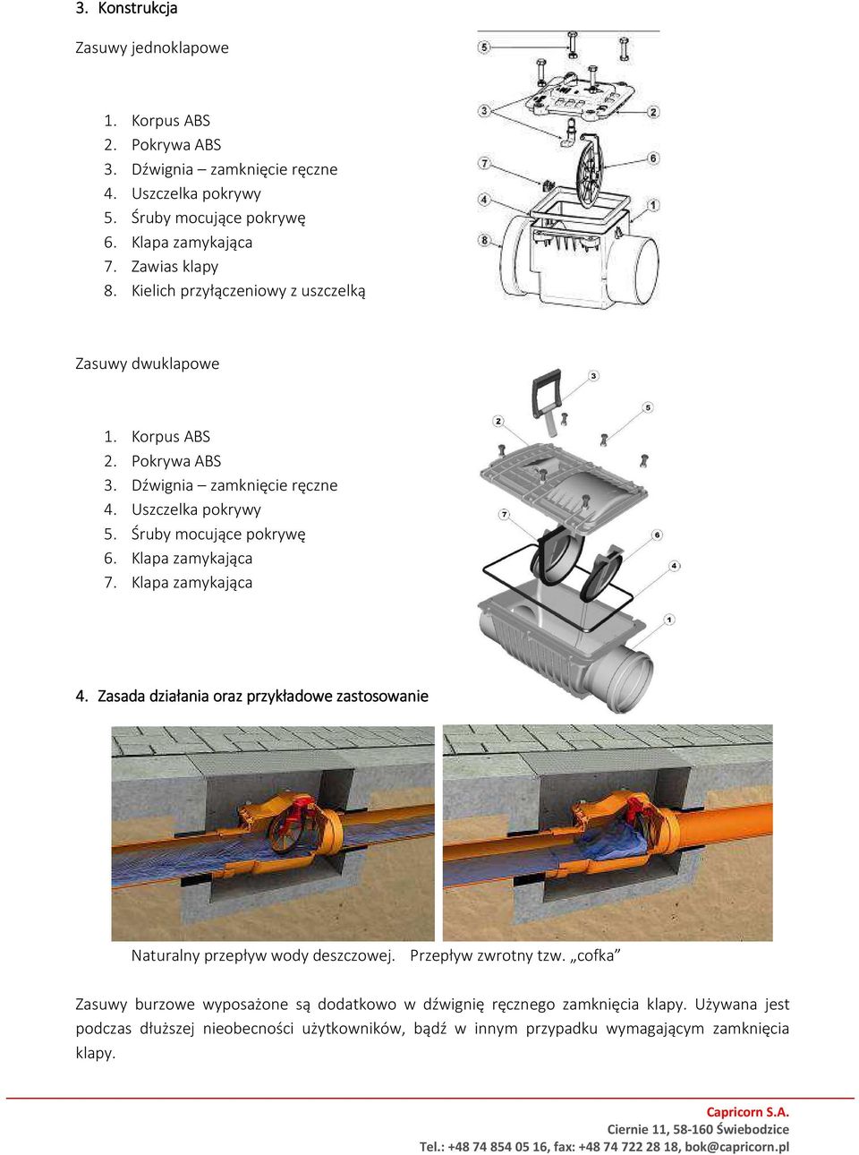 Śruby mocujące pokrywę 6. Klapa zamykająca 7. Klapa zamykająca 4. Zasada działania oraz przykładowe zastosowanie Naturalny przepływ wody deszczowej. Przepływ zwrotny tzw.