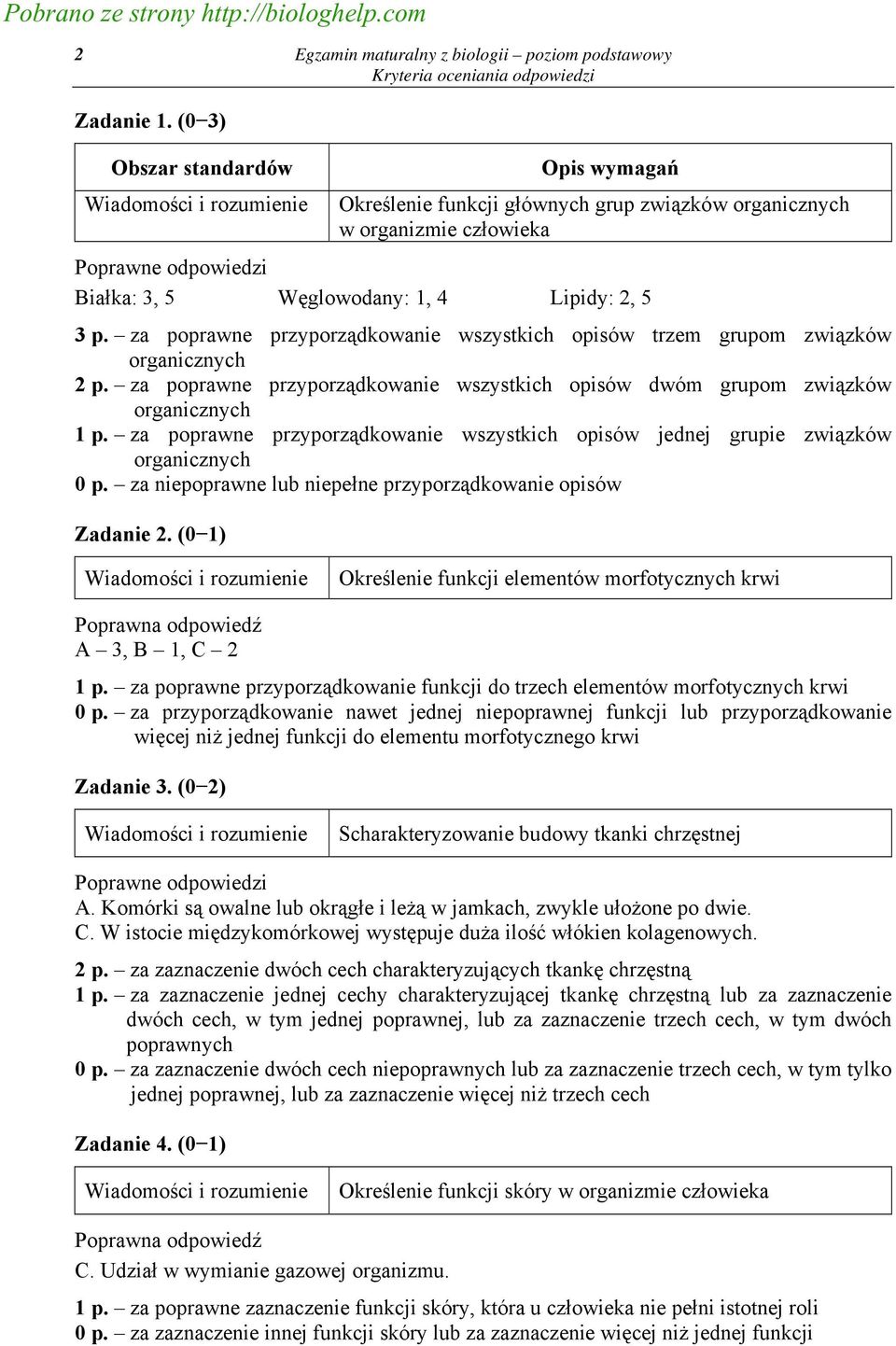 Węglowodany: 1, 4 Lipidy: 2, 5 3 p. za poprawne przyporządkowanie wszystkich opisów trzem grupom związków organicznych 2 p.