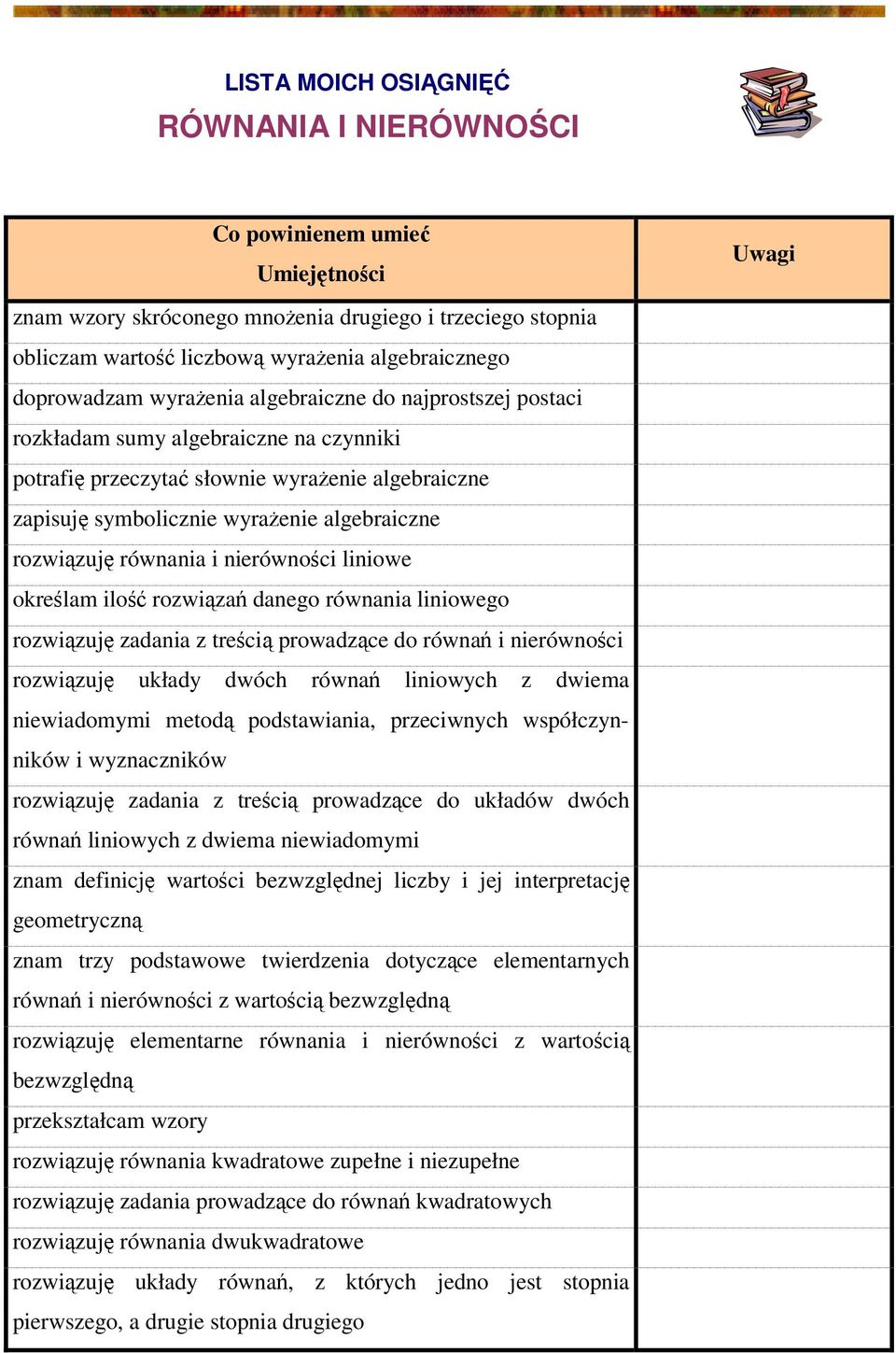 rozwiązuję równania i nierówności liniowe określam ilość rozwiązań danego równania liniowego rozwiązuję zadania z treścią prowadzące do równań i nierówności rozwiązuję układy dwóch równań liniowych z