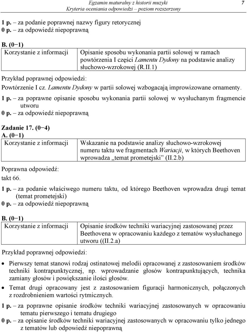 Lamentu Dydony w partii solowej wzbogacają improwizowane ornamenty. 1 p. za poprawne opisanie sposobu wykonania partii solowej w wysłuchanym fragmencie utworu Zadanie 17. (0 4) A.