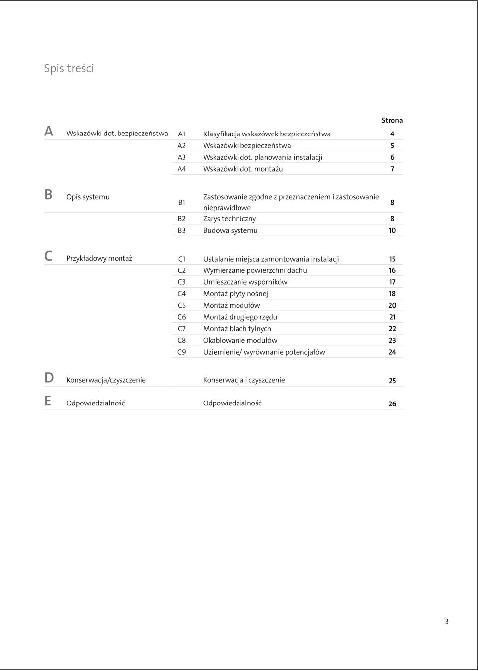 montażu 7 B Opis systemu B1 Zastosowanie zgodne z przeznaczeniem i zastosowanie nieprawidłowe 8 B2 Zarys techniczny 8 B3 Budowa systemu 10 C D E Przykładowy montaż C1 Ustalanie