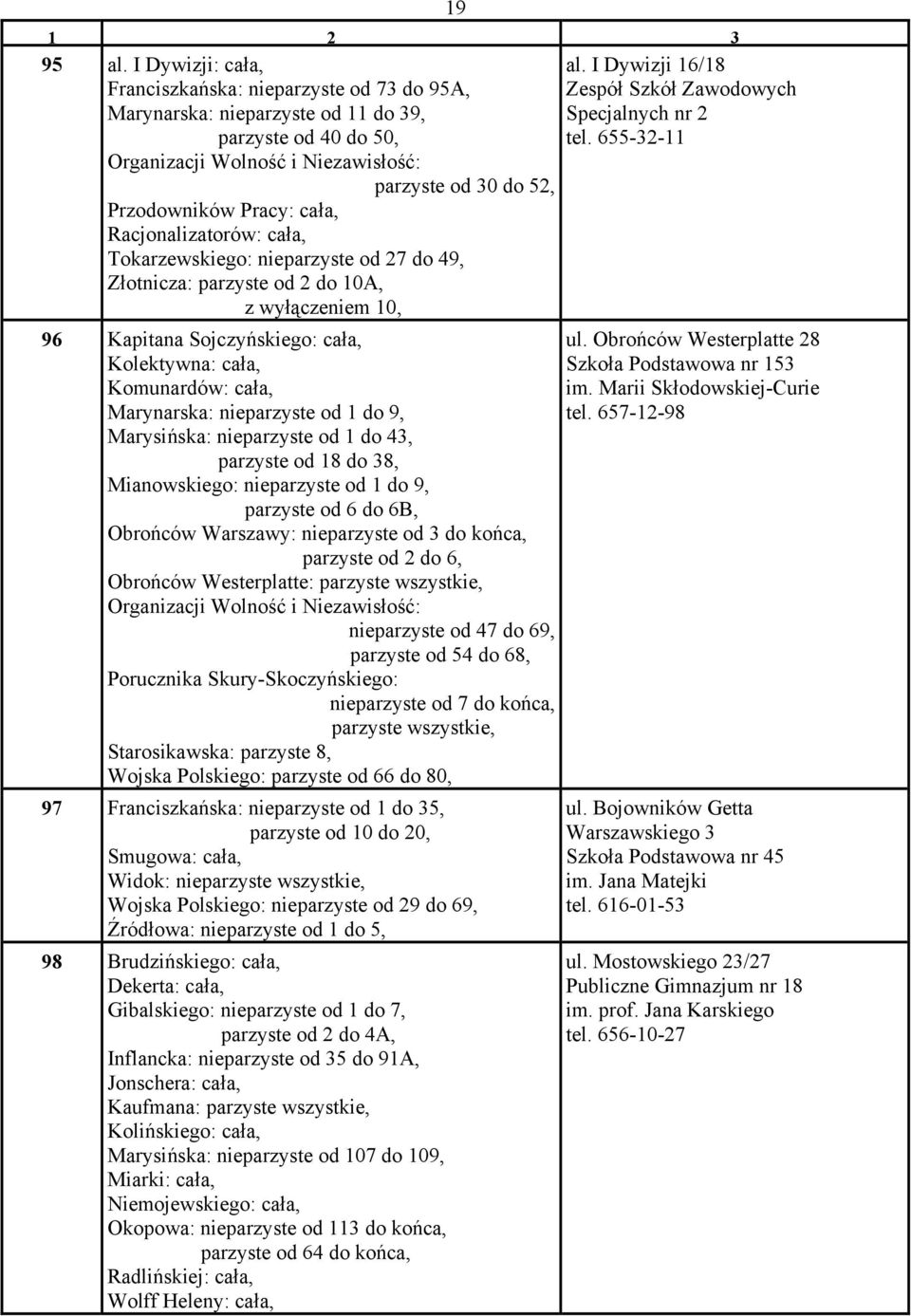 cała, Racjonalizatorów: cała, Tokarzewskiego: nieparzyste od 27 do 49, Złotnicza: parzyste od 2 do 10A, z wyłączeniem 10, al. I Dywizji 16/18 Zespół Szkół Zawodowych Specjalnych nr 2 tel.