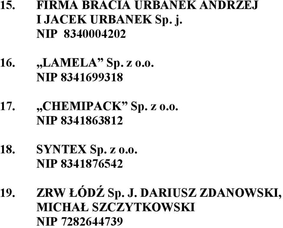 CHEMIPACK Sp. z o.o. NIP 8341863812 18. SYNTEX Sp. z o.o. NIP 8341876542 19.