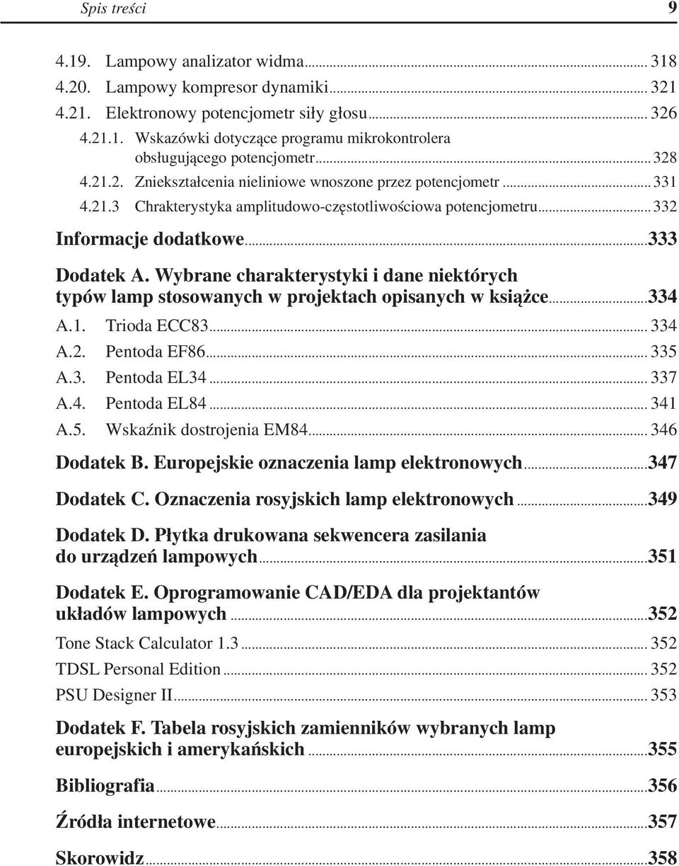 Wybrane charakterystyki i dane niektórych typów lamp stosowanych w projektach opisanych w książce...334 A.1. Trioda ECC83... 334 A.2. Pentoda EF86... 335 A.3. Pentoda EL34... 337 A.4. Pentoda EL84.