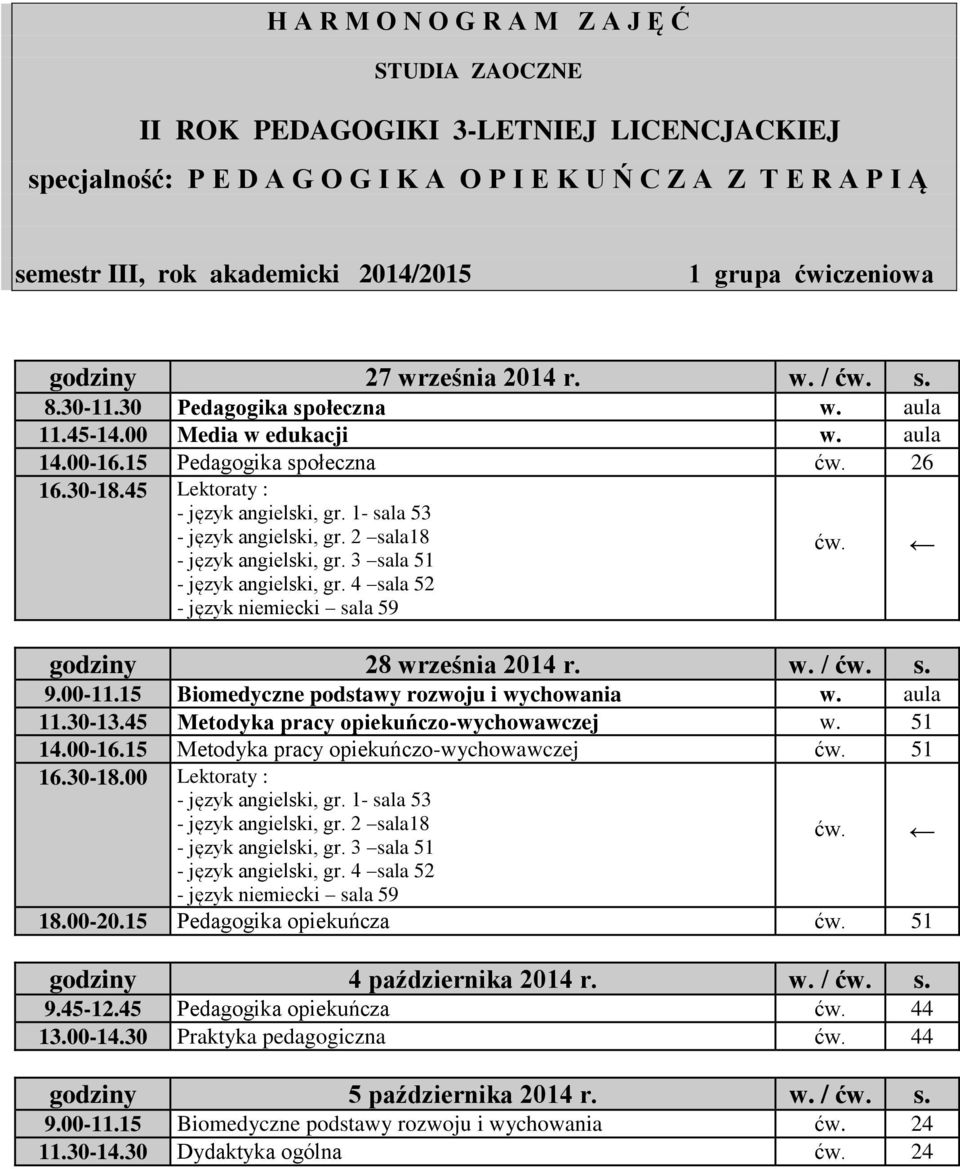 26 godziny 28 września 2014 r. w. / ćw. s. 9.00-11.15 Biomedyczne podstawy rozwoju i wychowania w. aula 11.30-13.45 Metodyka pracy opiekuńczo-wychowawczej w. 51 14.00-16.