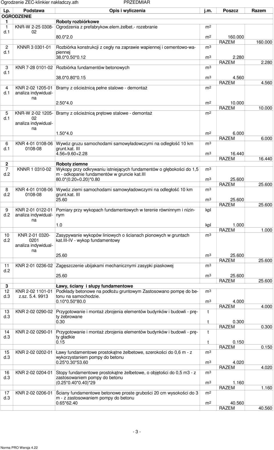 0*0.80*0.15 4.560 4.560 Bramy z ościeŝnicą pełne stalowe - demontaŝ 2.50*4.0 10.000 10.000 Bramy z ościeŝnicą prętowe stalowe - demontaŝ 1.50*4.0 6.000 6.