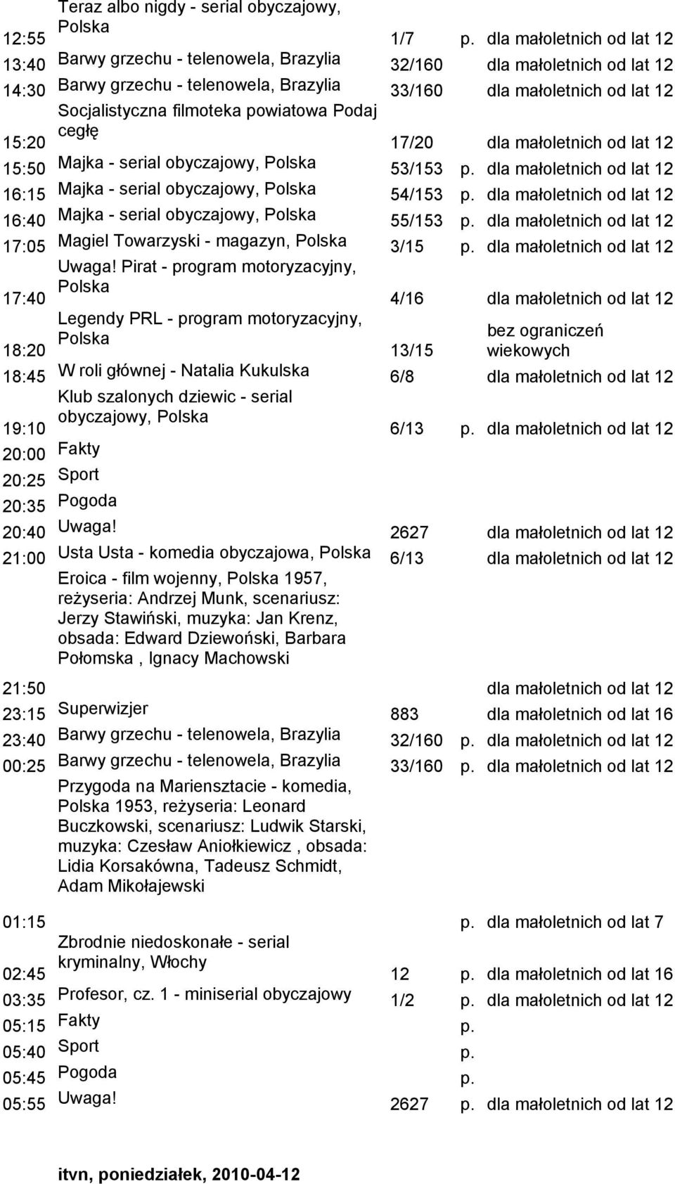 obyczajowy, 54/153 dla małoletnich od lat 12 16:40 Majka - serial obyczajowy, 55/153 dla małoletnich od lat 12 17:05 Magiel Towarzyski - magazyn, 3/15 dla małoletnich od lat 12 Uwaga!