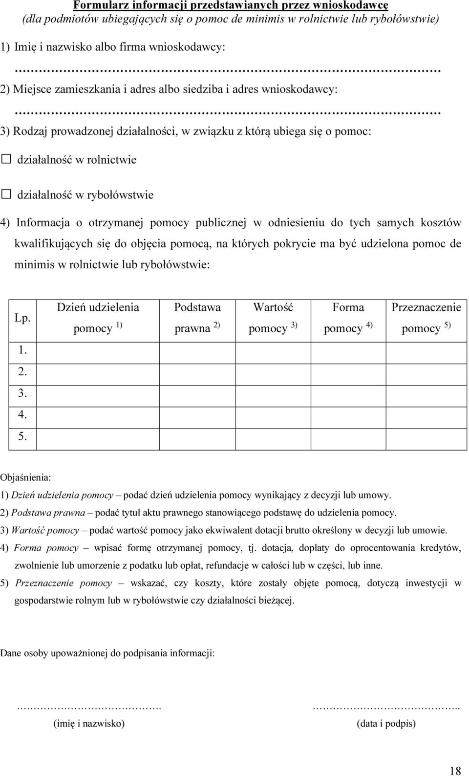 otrzymanej pomocy publicznej w odsieniu do tych samych kosztów kwalifikujących się do objęcia pomocą, na których pokrycie ma być udzielona pomoc de minimis w rolnictwie lub rybołówstwie: Lp.
