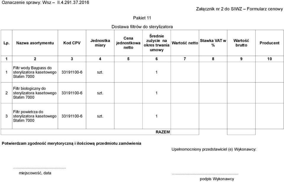 sterylizatora kasetowego 33191100-6 szt.