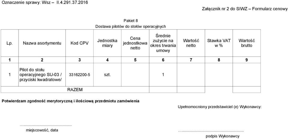 w % Wartość brutto 1 2 3 4 5 6 7 8 9 Pilot do stołu 1