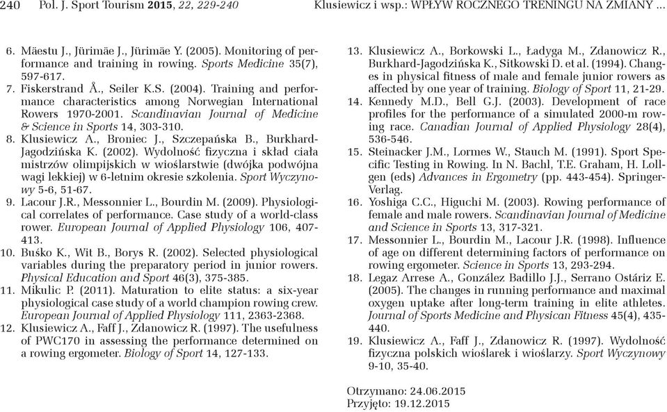 Scandinavian Journal of Medicine & Science in Sports 14, 303-310. 8. Klusiewicz A., Broniec J., Szczepańska B., Burkhard- Jagodzińska K. (2002).
