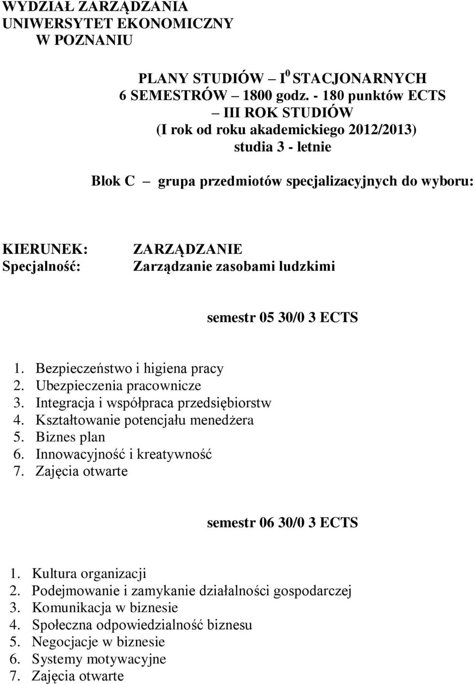 Zarządzanie zasobami ludzkimi semestr 05 30/0 3 ECTS 1. Bezpieczeństwo i higiena pracy 2. Ubezpieczenia pracownicze 3. Integracja i współpraca przedsiębiorstw 4.