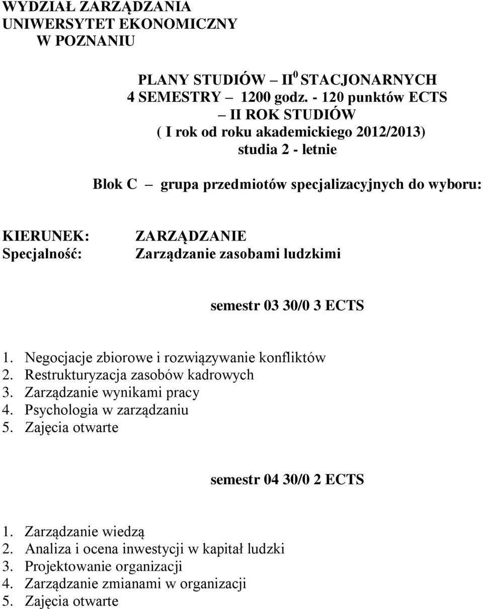 Specjalność: ZARZĄDZANIE Zarządzanie zasobami ludzkimi semestr 03 30/0 3 ECTS 1. Negocjacje zbiorowe i rozwiązywanie konfliktów 2.