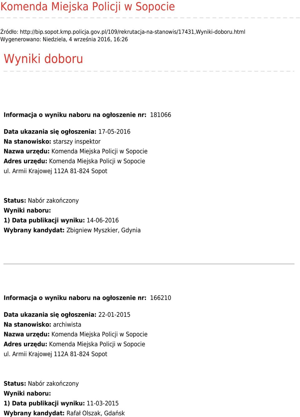 ogłoszenia: 17-05-2016 Na stanowisko: starszy inspektor 1) Data publikacji wyniku: 14-06-2016 Wybrany kandydat: Zbigniew Myszkier, Gdynia