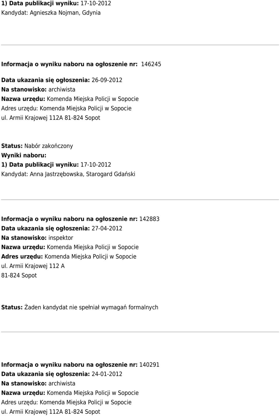 naboru na ogłoszenie nr: 142883 Data ukazania się ogłoszenia: 27-04-2012 Na stanowisko: inspektor ul.